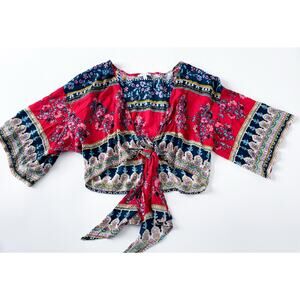 Patrons of Peace Anthro Cropped Tie Front Colorful Boho Flowy Top Size M